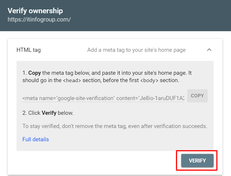 Verify your Ownership in search console 