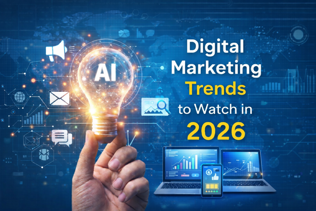 Digital marketing trends for 2026 showing AI technology, SEO, data analytics, and online marketing tools