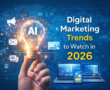 Digital marketing trends for 2026 showing AI technology, SEO, data analytics, and online marketing tools