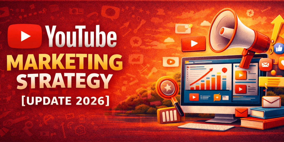 YouTube marketing strategy 2026 banner showing video growth and analytics