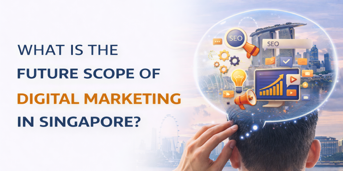 Future scope of digital marketing in Singapore illustrated with digital icons, growth analytics, and the Singapore skyline.