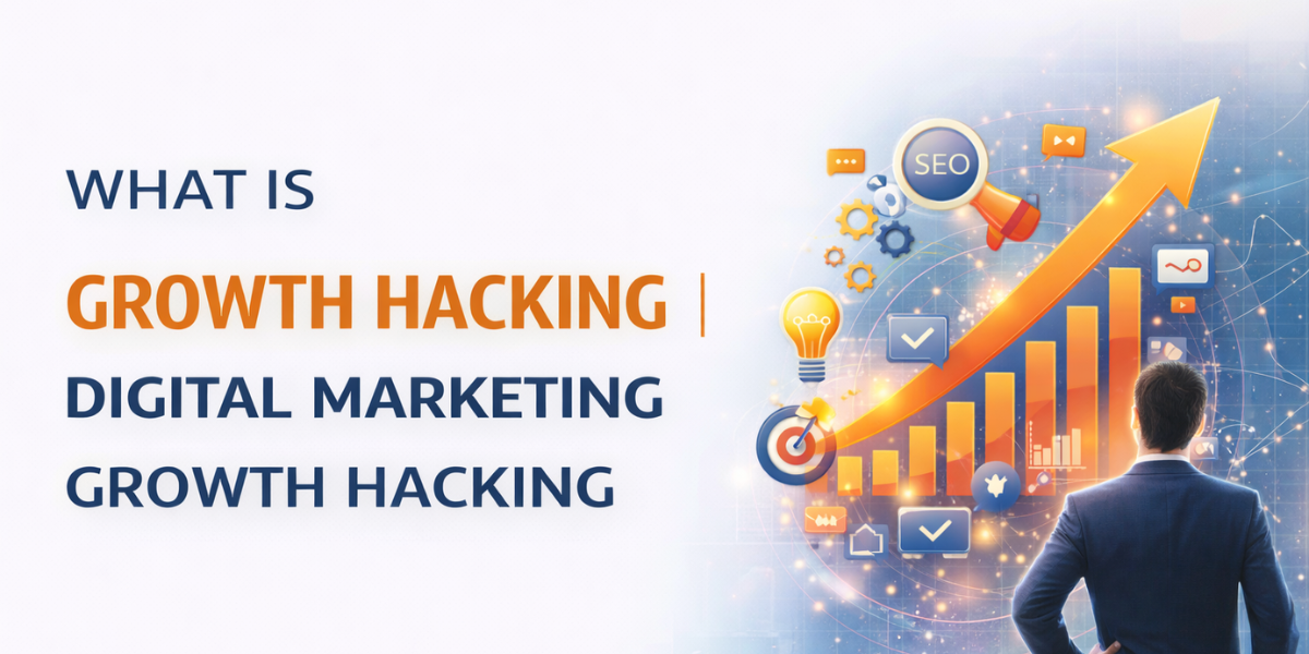 Growth hacking in digital marketing illustrated with rising graphs, SEO icons, and digital strategy elements representing business growth.