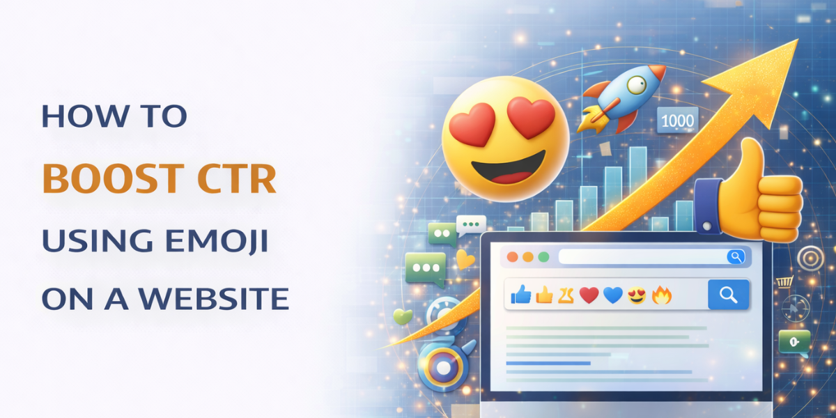 Banner showing how emojis help boost CTR on a website using digital marketing visuals and growth icons