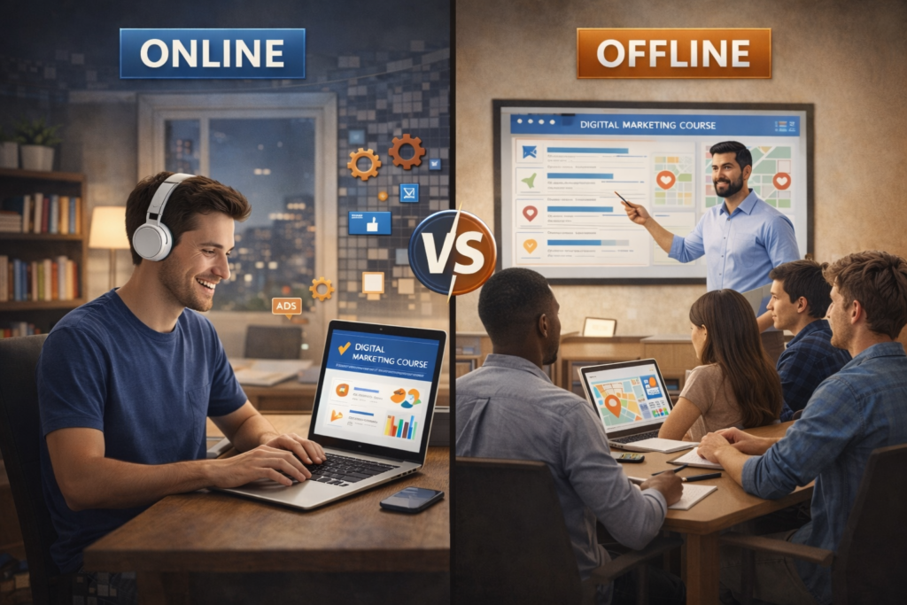 Online vs offline digital marketing courses showing a person learning online on a laptop and students attending classroom training